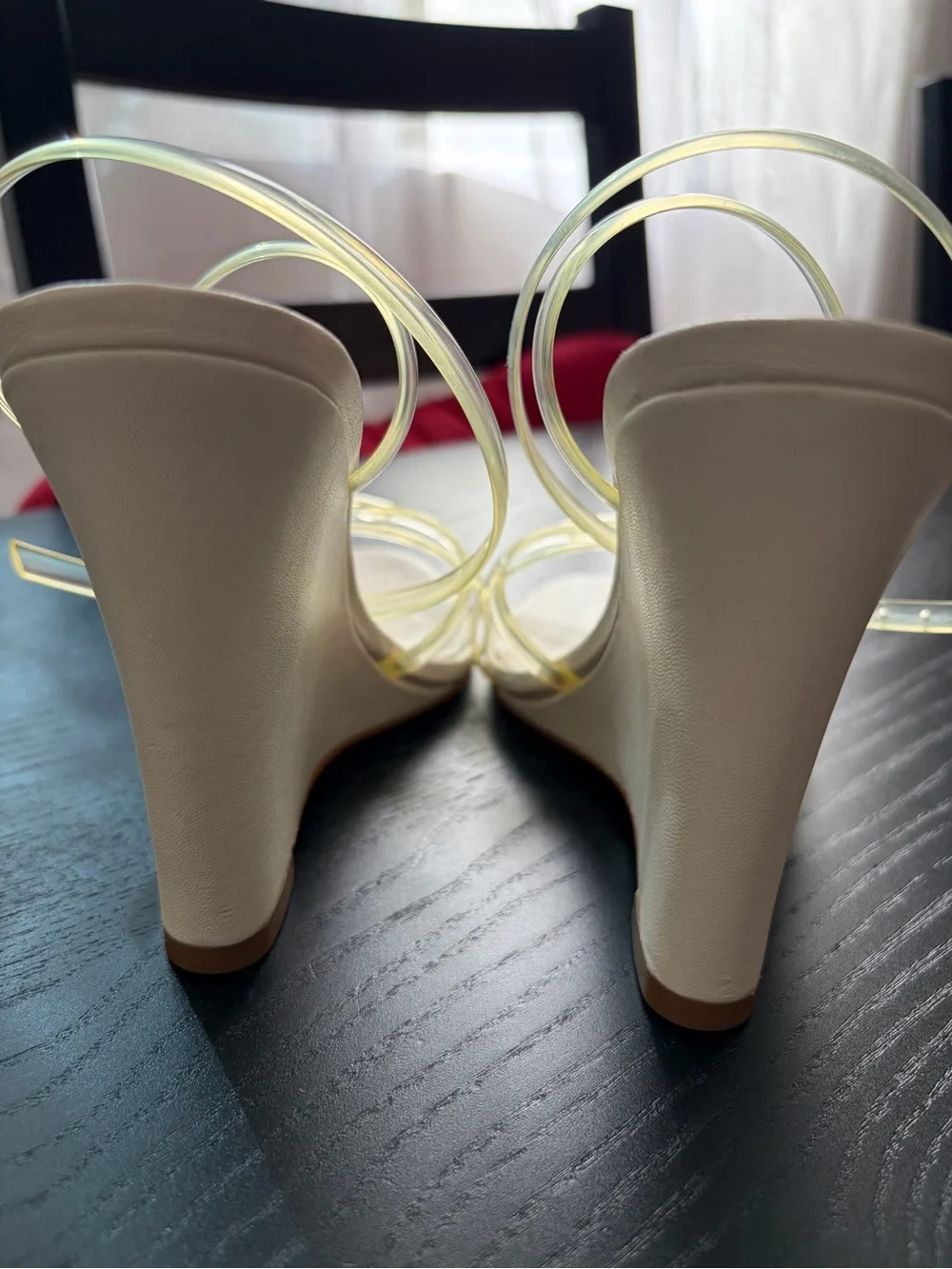 Schutz White Wedge Sandals with Clear Straps
